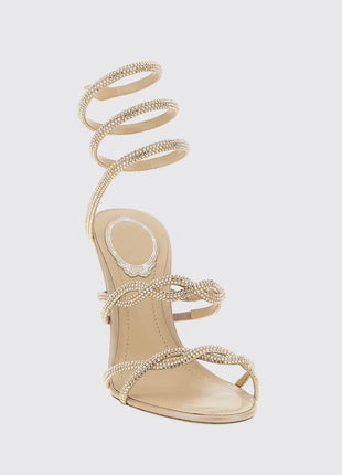 Crystal-Embellished Ankle Wrap Around Open Toe High Heel Sandals