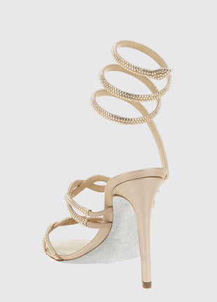 Crystal-Embellished Ankle Wrap Around Open Toe High Heel Sandals