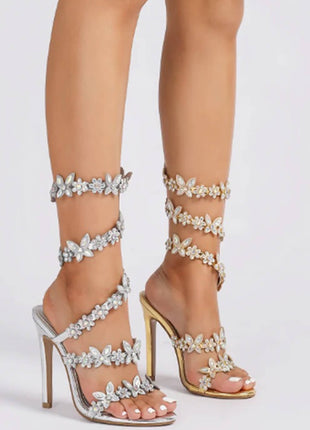 Flower Rhinestone-Embellished Around The Ankle Coil Stiletto Heel Sandals