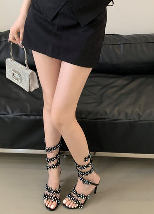Flower Rhinestone-Embellished Around The Ankle Coil Stiletto Heel Sandals