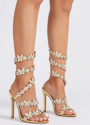 Flower Rhinestone-Embellished Around The Ankle Coil Stiletto Heel Sandals