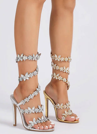 Flower Rhinestone-Embellished Around The Ankle Coil Stiletto Heel Sandals