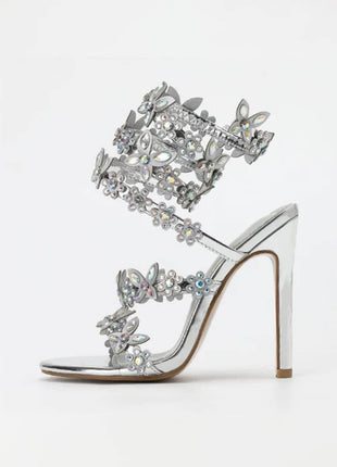 Flower Rhinestone-Embellished Around The Ankle Coil Stiletto Heel Sandals