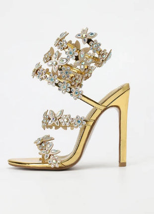Flower Rhinestone-Embellished Around The Ankle Coil Stiletto Heel Sandals