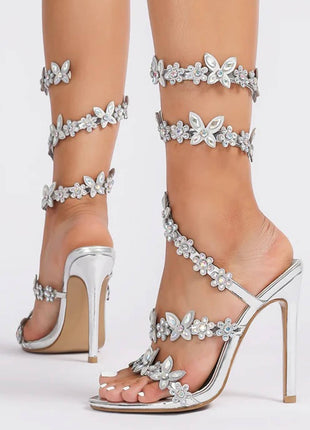 Flower Rhinestone-Embellished Around The Ankle Coil Stiletto Heel Sandals