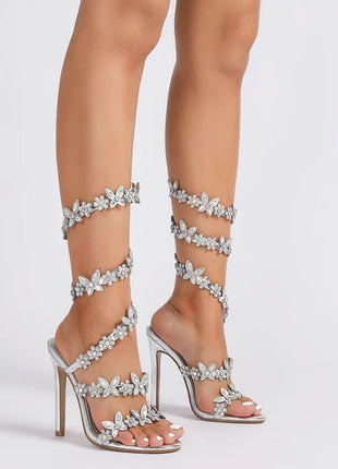 Flower Rhinestone-Embellished Around The Ankle Coil Stiletto Heel Sandals