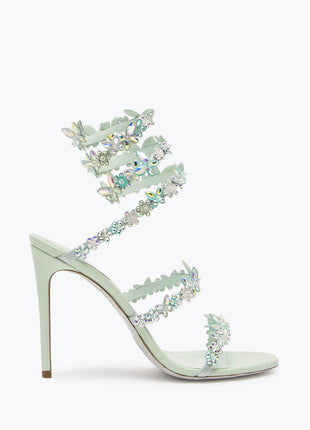 Flower Rhinestone-Embellished Ankle Wrap Around Stiletto Heel Sandals