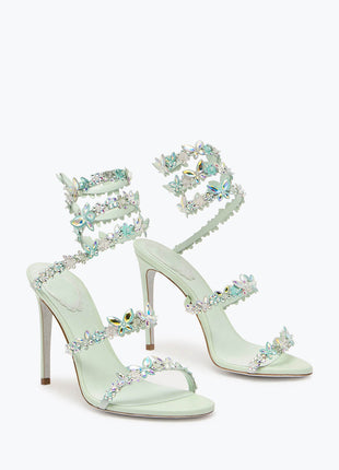 Flower Rhinestone-Embellished Ankle Wrap Around Stiletto Heel Sandals