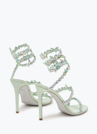 Flower Rhinestone-Embellished Ankle Wrap Around Stiletto Heel Sandals
