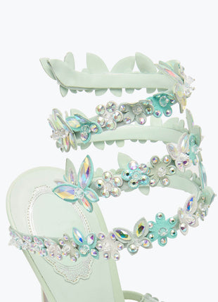 Flower Rhinestone-Embellished Ankle Wrap Around Stiletto Heel Sandals