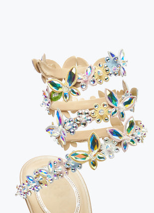 Flower Rhinestone-Embellished Ankle Wrap Around Stiletto Heel Sandals