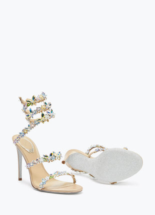 Flower Rhinestone-Embellished Ankle Wrap Around Stiletto Heel Sandals