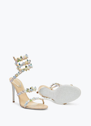 Flower Rhinestone-Embellished Ankle Wrap Around Stiletto Heel Sandals