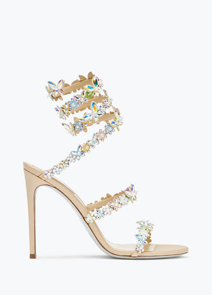 Flower Rhinestone-Embellished Ankle Wrap Around Stiletto Heel Sandals