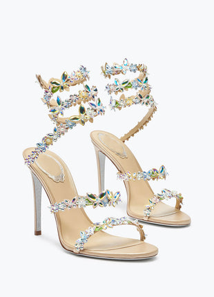 Flower Rhinestone-Embellished Ankle Wrap Around Stiletto Heel Sandals