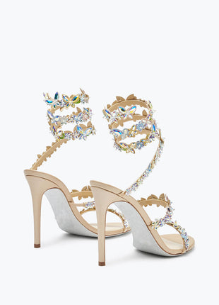 Flower Rhinestone-Embellished Ankle Wrap Around Stiletto Heel Sandals