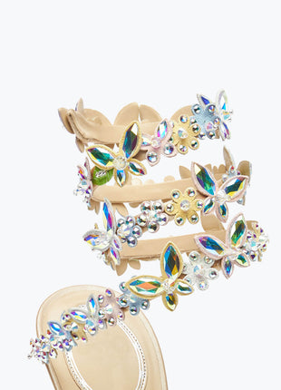 Flower Rhinestone-Embellished Ankle Wrap Around Stiletto Heel Sandals