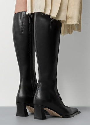 Crisscross Laces Pointed Toe Knee High Stiletto Boots