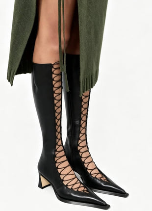 Crisscross Laces Pointed Toe Knee High Stiletto Boots
