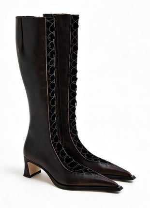 Crisscross Laces Pointed Toe Knee High Stiletto Boots