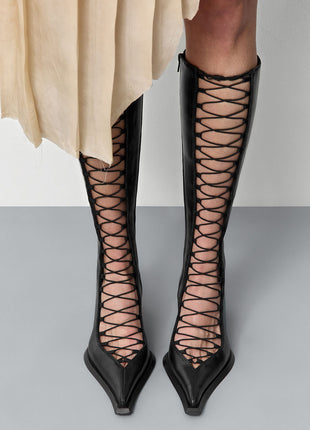 Crisscross Laces Pointed Toe Knee High Stiletto Boots