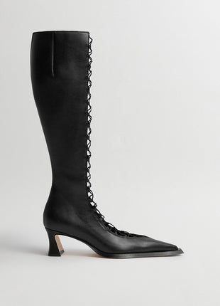 Crisscross Laces Pointed Toe Knee High Stiletto Boots