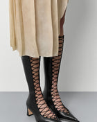 Crisscross Laces Pointed Toe Knee High Stiletto Boots