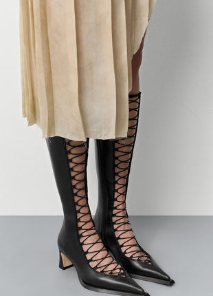 Crisscross Laces Pointed Toe Knee High Stiletto Boots