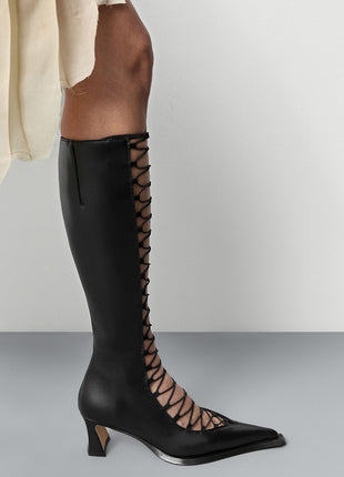 Crisscross Laces Pointed Toe Knee High Stiletto Boots