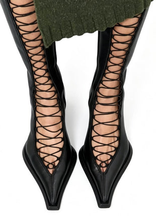 Crisscross Laces Pointed Toe Knee High Stiletto Boots