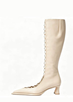 Crisscross Laces Pointed Toe Knee High Stiletto Boots