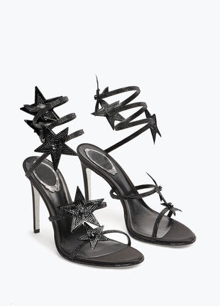 Star Rhinestone-Embellished Ankle Wrap Around Stiletto Heel Sandals