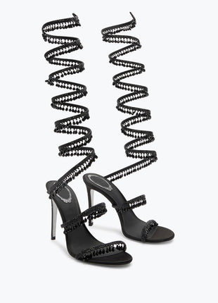 Crystal Chandelier Embellished Faux Satin Wraparound Self-Tie Stiletto Sandals