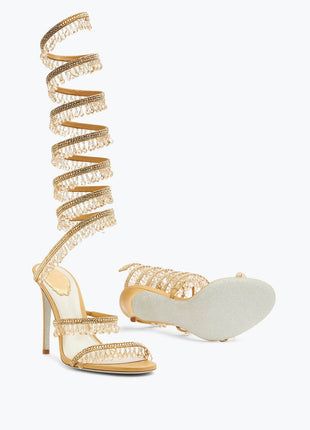 Crystal Chandelier Embellished Faux Satin Wraparound Self-Tie Stiletto Sandals