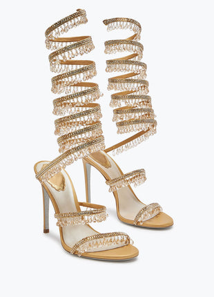 Crystal Chandelier Embellished Faux Satin Wraparound Self-Tie Stiletto Sandals