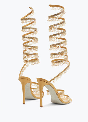 Crystal Chandelier Embellished Faux Satin Wraparound Self-Tie Stiletto Sandals
