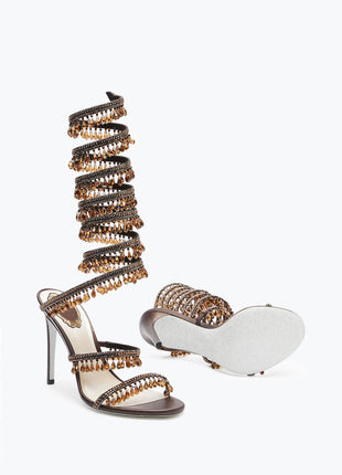 Crystal Chandelier Embellished Faux Satin Wraparound Self-Tie Stiletto Sandals