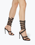 Crystal Chandelier Embellished Faux Satin Wraparound Self-Tie Stiletto Sandals