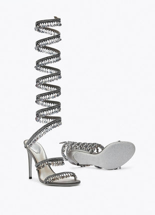 Crystal Chandelier Embellished Faux Satin Wraparound Self-Tie Stiletto Sandals