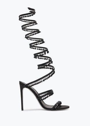 Crystal Chandelier Embellished Faux Satin Wraparound Self-Tie Stiletto Sandals