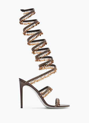 Crystal Chandelier Embellished Faux Satin Wraparound Self-Tie Stiletto Sandals