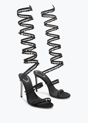 Crystal Chandelier Embellished Faux Satin Wraparound Self-Tie Stiletto Sandals
