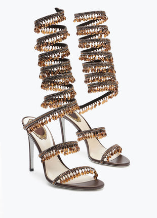 Crystal Chandelier Embellished Faux Satin Wraparound Self-Tie Stiletto Sandals