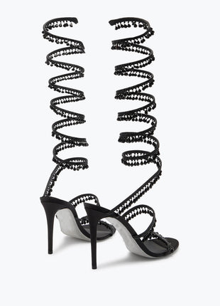 Crystal Chandelier Embellished Faux Satin Wraparound Self-Tie Stiletto Sandals