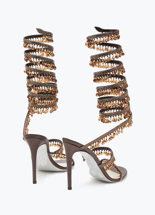 Crystal Chandelier Embellished Faux Satin Wraparound Self-Tie Stiletto Sandals