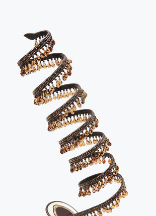 Crystal Chandelier Embellished Faux Satin Wraparound Self-Tie Stiletto Sandals