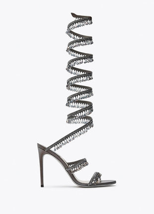 Crystal Chandelier Embellished Faux Satin Wraparound Self-Tie Stiletto Sandals