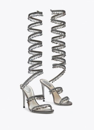 Crystal Chandelier Embellished Faux Satin Wraparound Self-Tie Stiletto Sandals