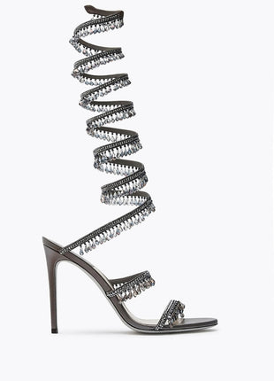 Crystal Chandelier Embellished Faux Satin Wraparound Self-Tie Stiletto Sandals