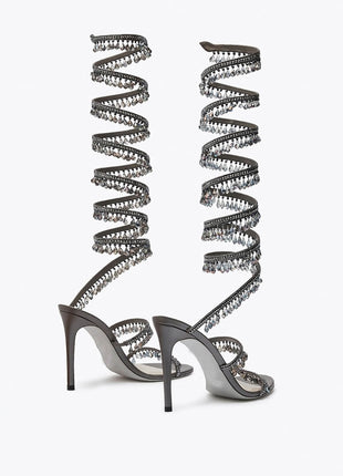 Crystal Chandelier Embellished Faux Satin Wraparound Self-Tie Stiletto Sandals